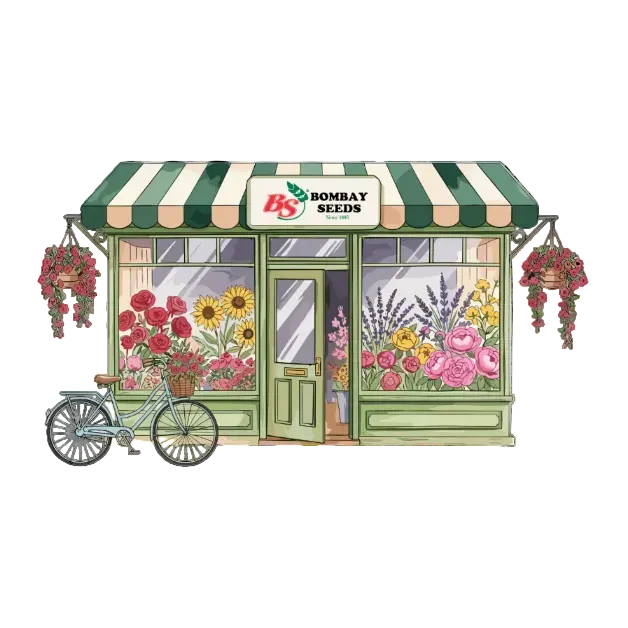 A stylized illustration of a flower shop storefront with a green and cream striped awning, hanging flower baskets, colorful flowers displayed in the windows, a light blue bicycle in front, and a sign reading 'BS Bombay Seeds'.