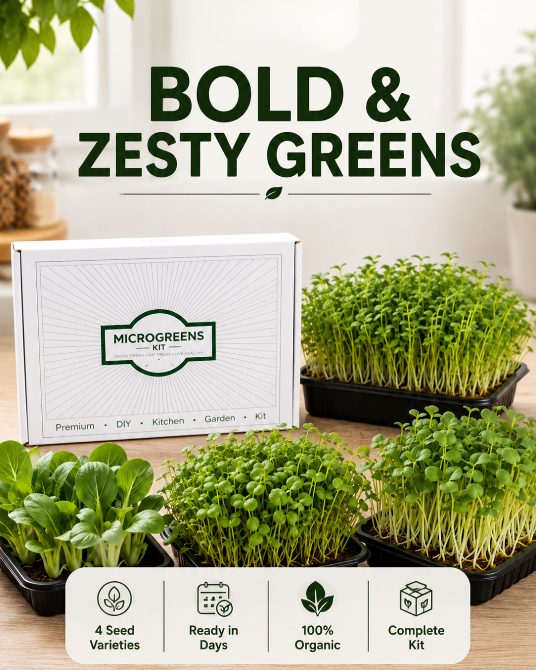 Bold &amp; Zesty Greens - Microgreen Kit of 4 [Alfa Alfa, Fenugreek, Cilantro, Lettuce]