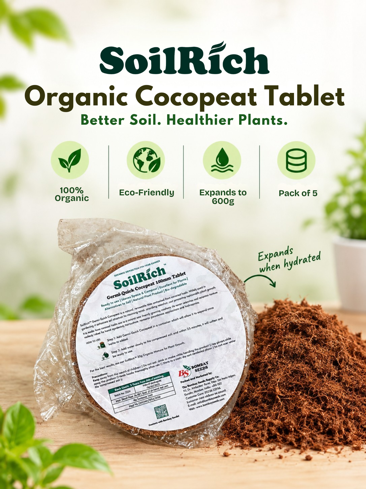 SoilRich Organic Cocopeat Tablet (100 mm) (Pack of 5)