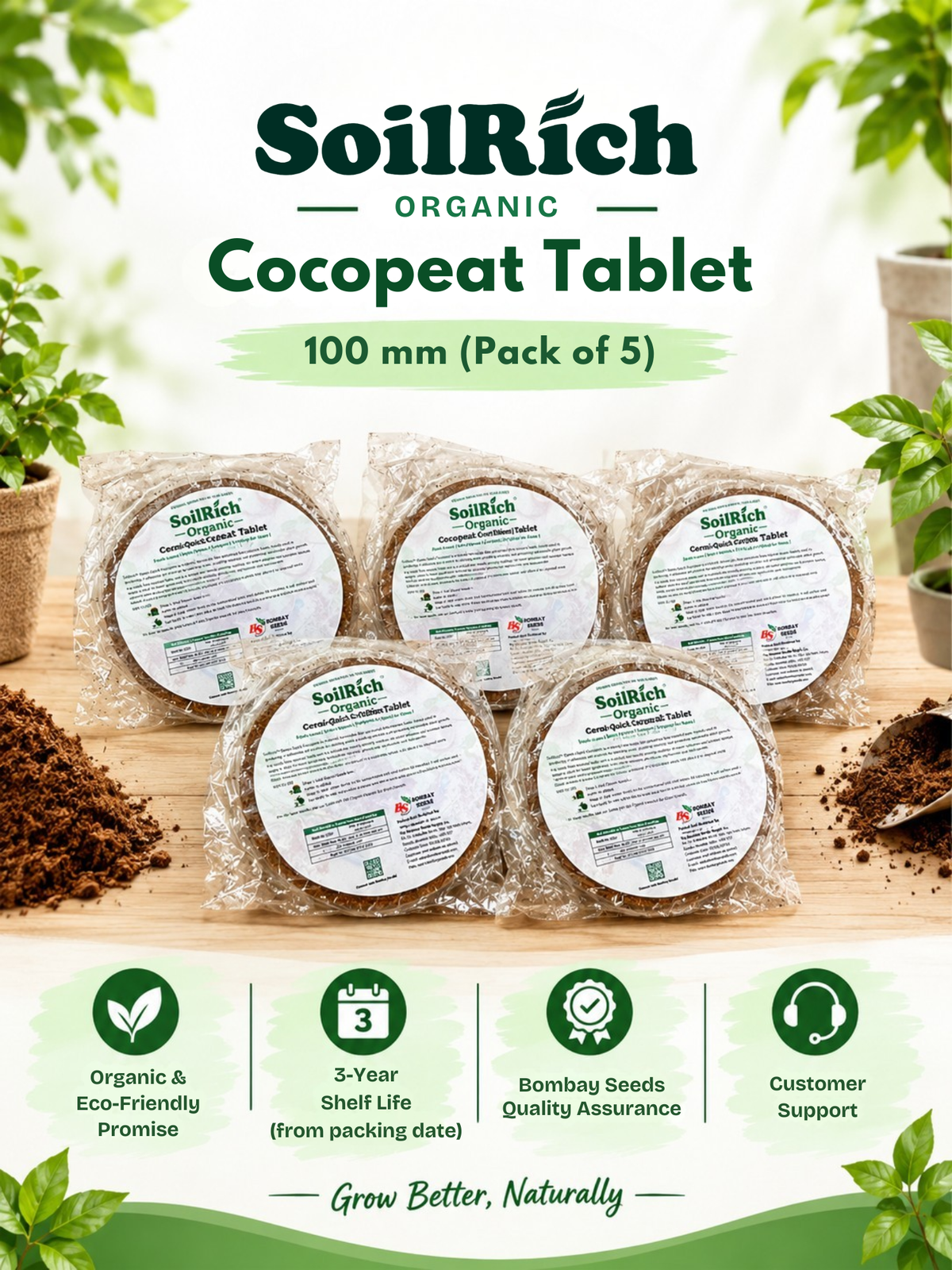 SoilRich Organic Cocopeat Tablet (100 mm) (Pack of 5)