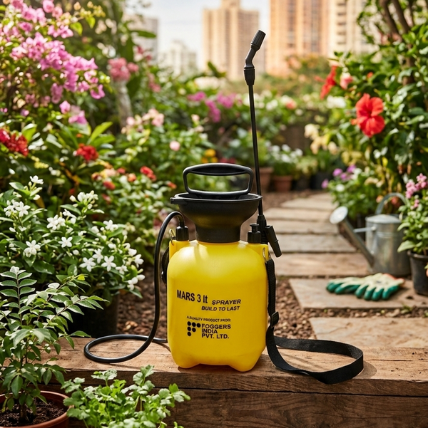 Mars 3L garden sprayer on a wooden bench with a garden and buildings in the background